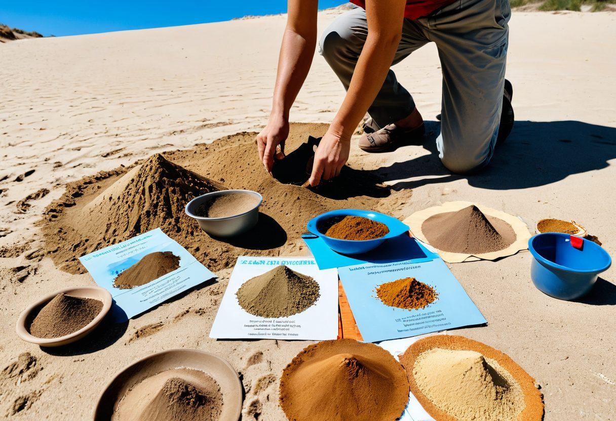 A serene outdoor landscape featuring a person inspecting different types of sand samples, surrounded by piles of fine, coarse, and colorful sands. Include a clear blue sky overhead, and tools like a sieve and measuring tape scattered around. In the background, a variety of outdoor projects like a sandy walkway and a garden bed can be seen. The scene should convey quality and abundance in outdoor materials. vibrant colors. natural setting. super-realistic.
