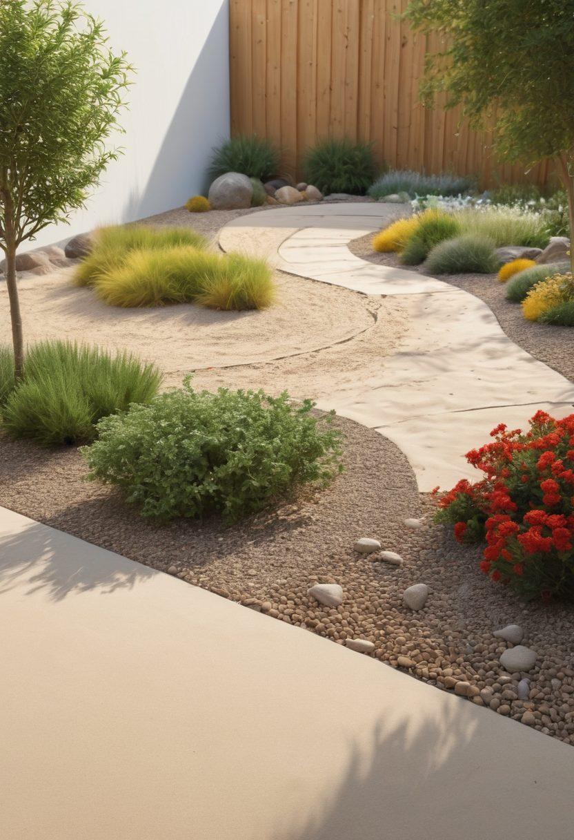 A serene landscape scene showcasing a beautifully landscaped garden with various decorative elements made from sand and gravel, such as pathways, flower beds, and rock gardens. In the background, a construction site is seen utilizing sand and gravel in its building materials, illustrating their versatility. The lighting is warm and inviting, enhancing the earthy tones of the sand and gravel. Include plants and trees to add color and life to the scene. super-realistic. vibrant colors. 3D.