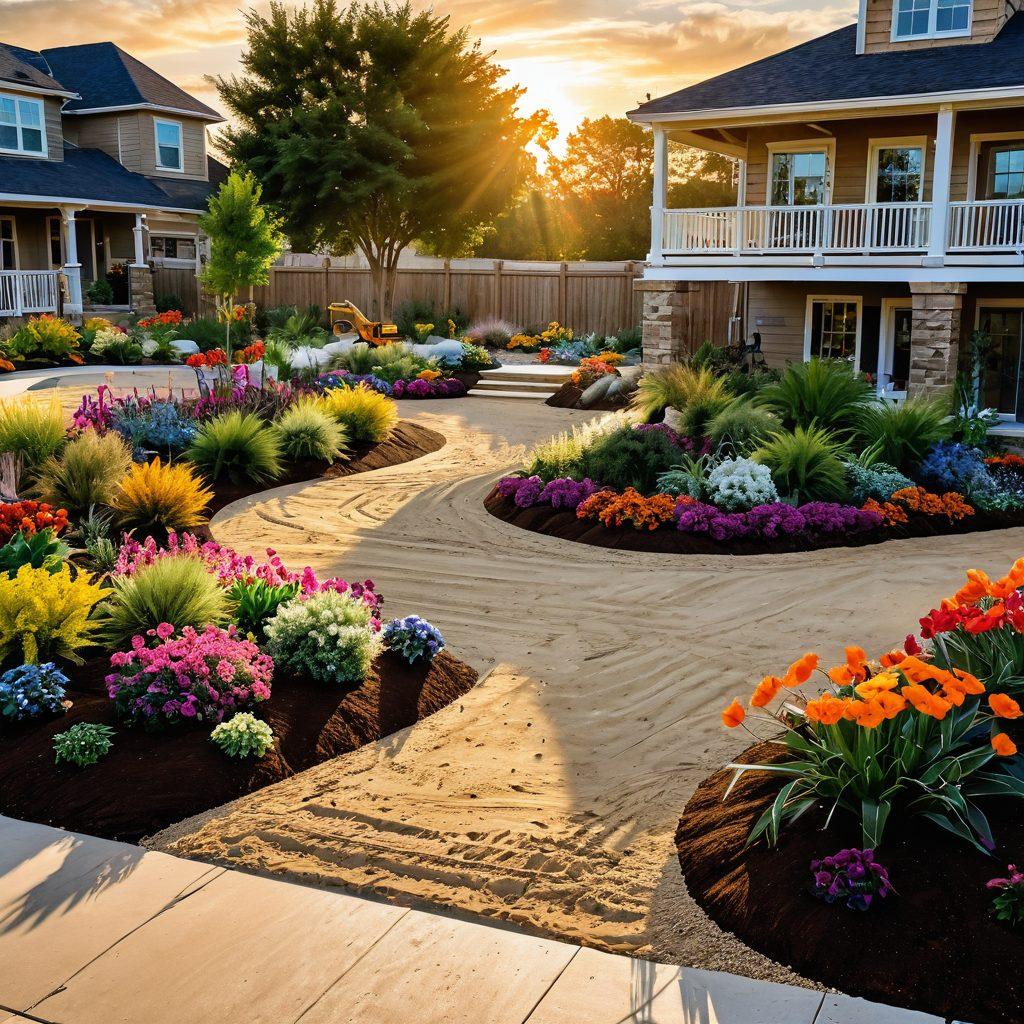 An artistic representation of a construction site transitioning into a beautifully landscaped garden, with piles of sand being utilized in both areas. Include cranes alongside vibrant flower beds, pathways made from sand, and workers engaged in both construction and gardening. Emphasize the versatility of sand products through contrasting textures and colors. A warm sunset in the background enhances the scene. super-realistic. vibrant colors. 3D.